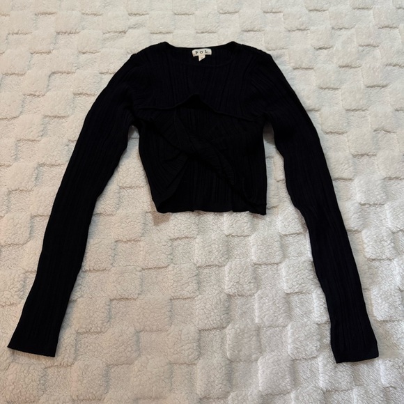 POL Black Tan Fitted Ribbed Long Sleeve Crop Top, Twist Front, Women’s Small NWT - Picture 1 of 5